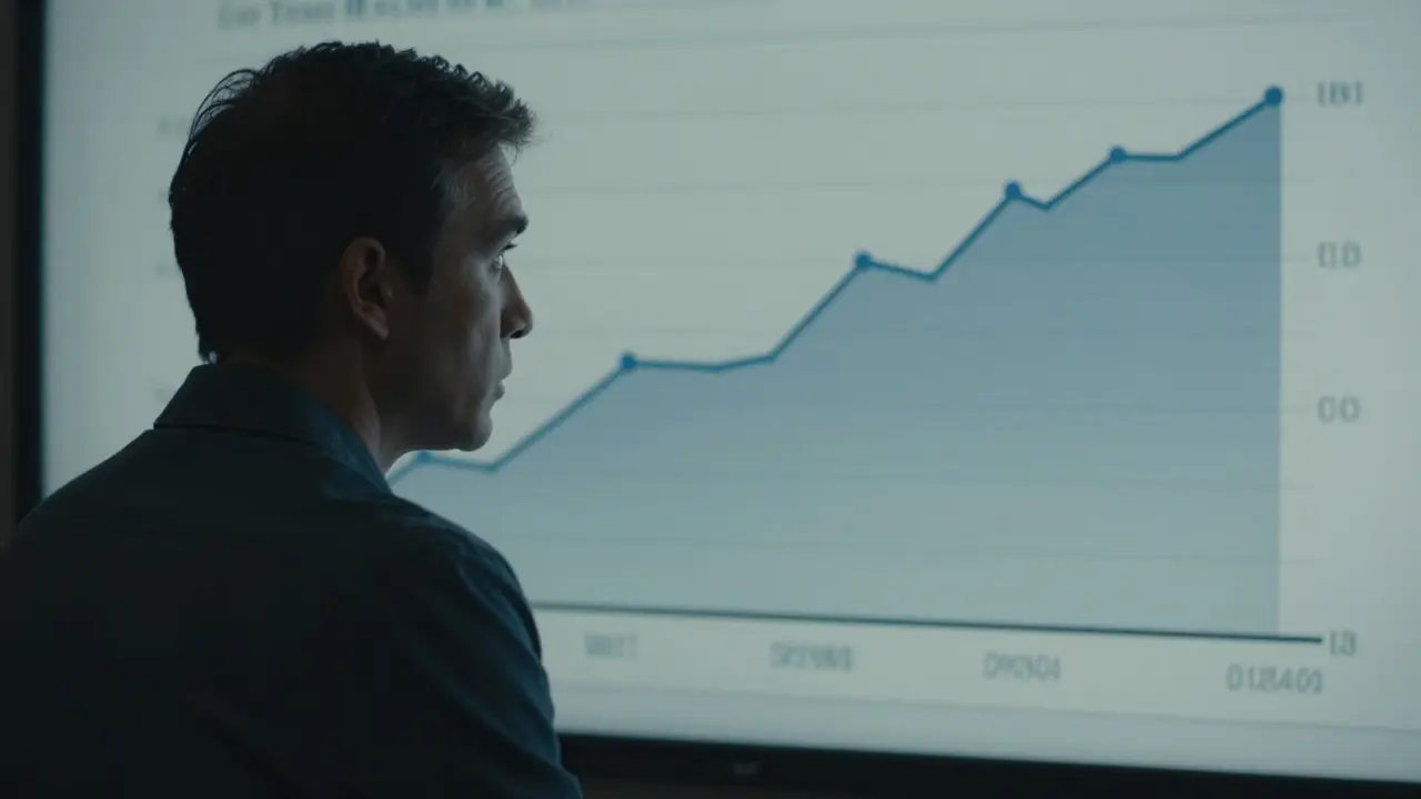 Trader staring at flat line graph in empty trading hall