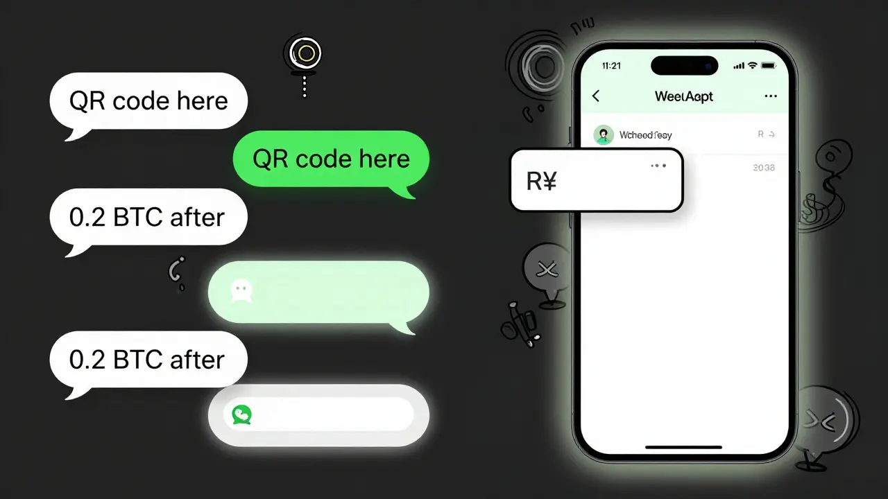 WeChat chat messages hint at crypto deals while a simple RMB payment appears harmless beside it.