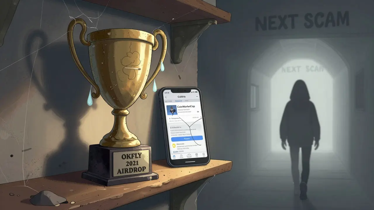 A forgotten OKFLY trophy covered in cobwebs beside a dead smartphone, shadowy figure walking away.