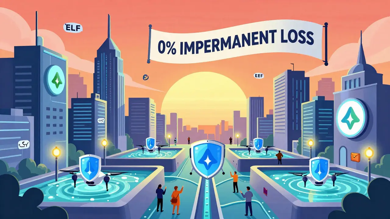 A futuristic DeFi city with automated hedging drones protecting liquidity pools under a banner saying '0% Impermanent Loss'.