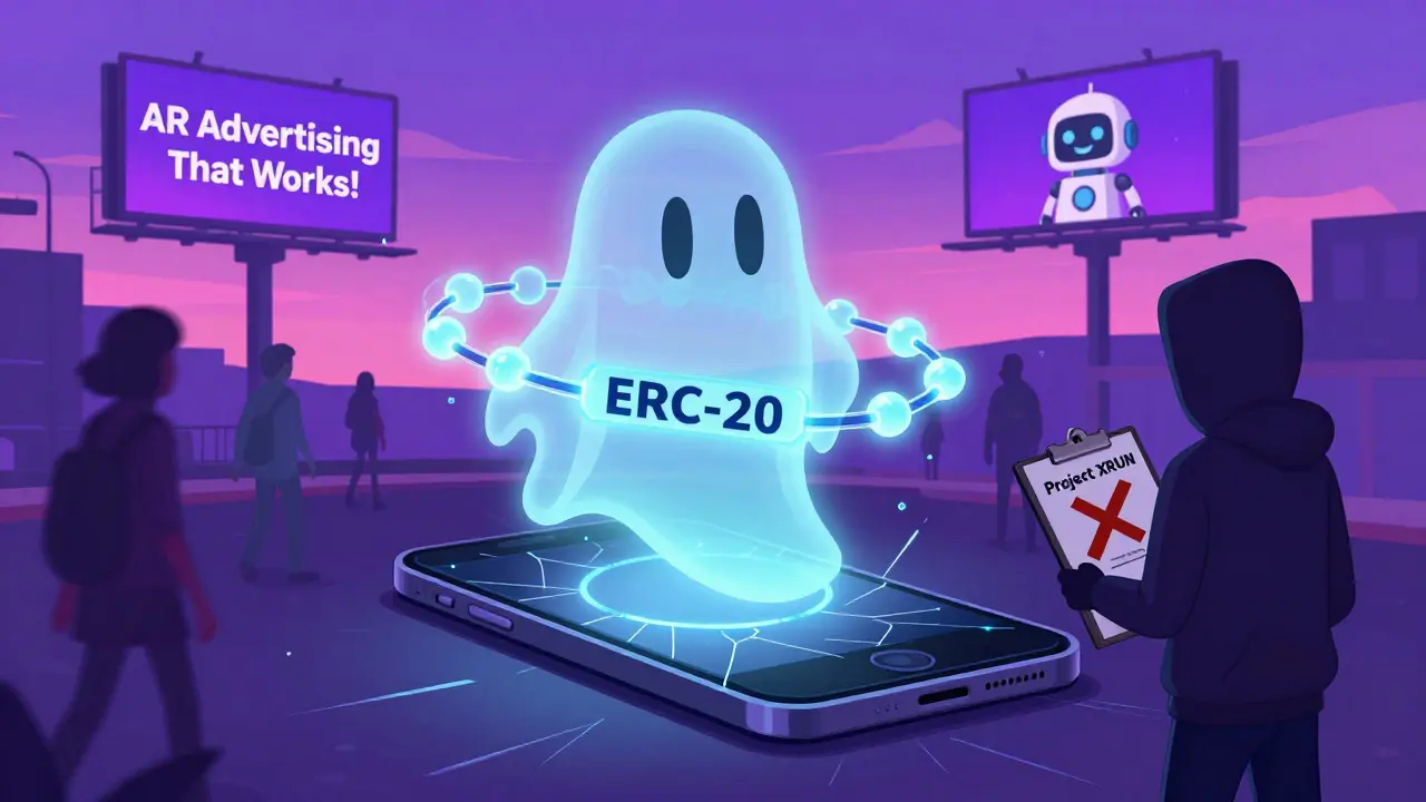 A ghostly blockchain floats above an abandoned app icon on a cracked phone, while shadowy figures walk past a faded ad for a dead project.