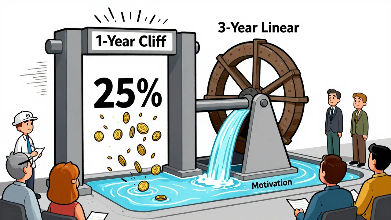 A hybrid vesting system shows a gate opening to release tokens while a waterwheel slowly distributes the rest.