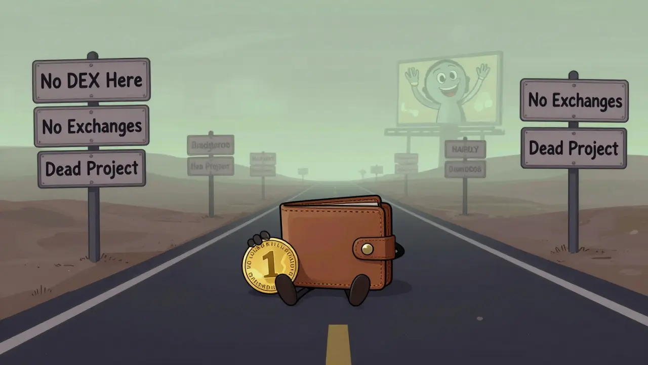 A lonely wallet on an empty blockchain road with signs saying 'No DEX' and 'Dead Project'.