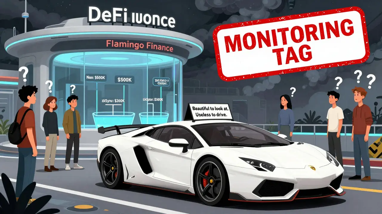 A luxurious car with no fuel tank parked before a DeFi hub, with a red 'Monitoring Tag' hovering above it and confused users nearby.
