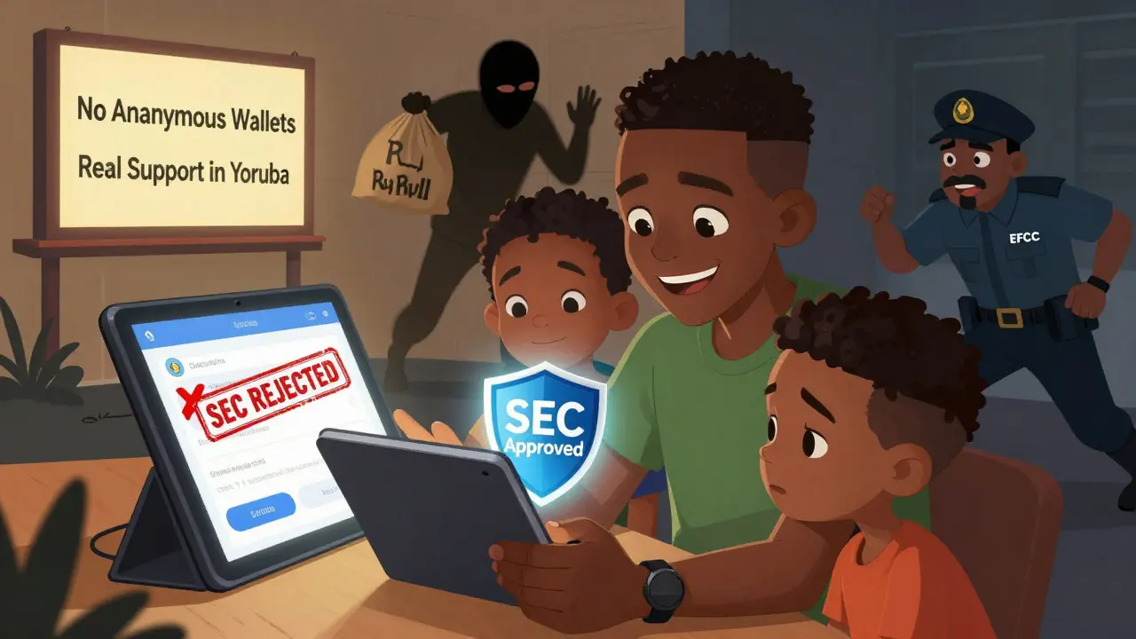 A Nigerian family safely using a licensed crypto platform with SEC-approved protection and blocked scam tokens.