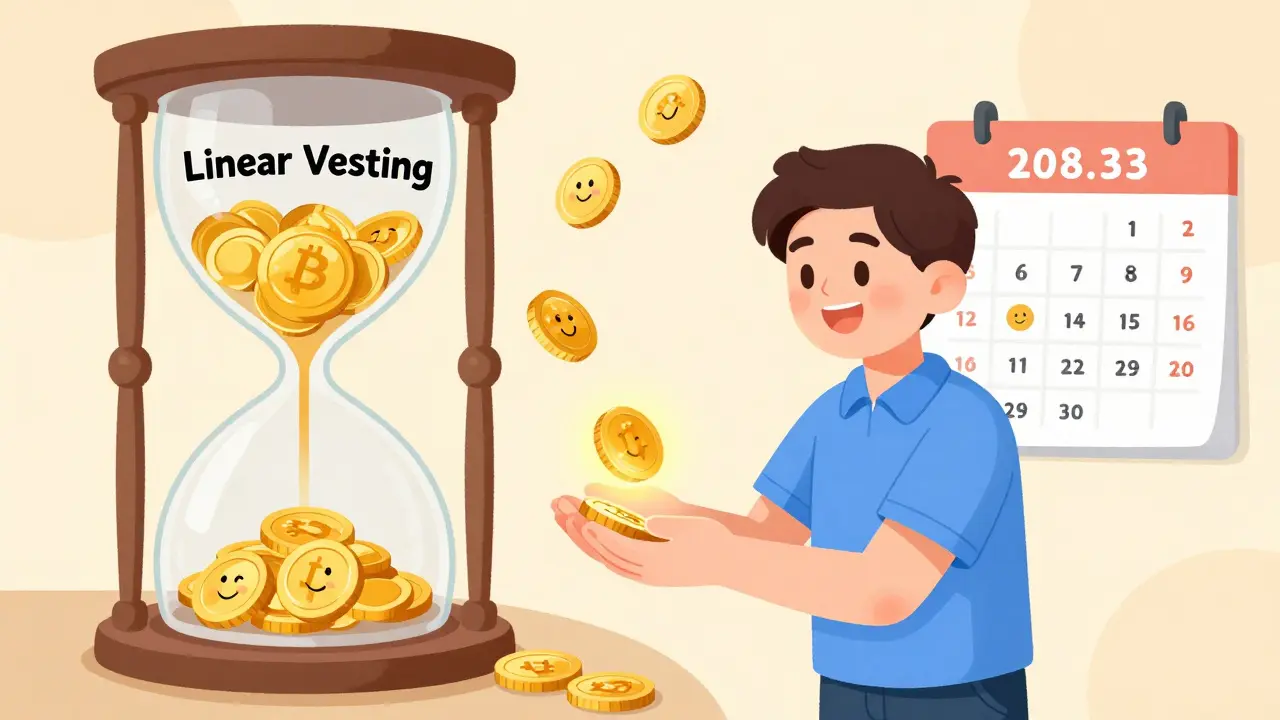 A person receives monthly streams of glowing crypto tokens from a whimsical hourglass.