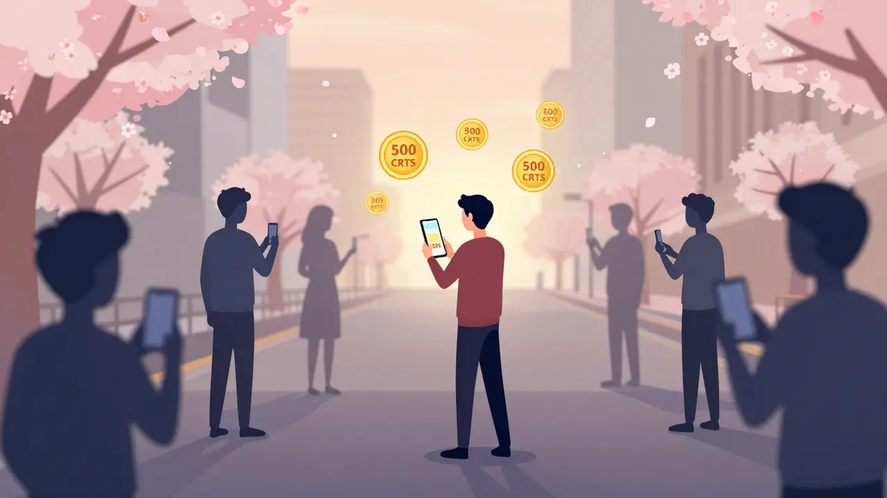 A person receiving a private message with 500 CRTS tokens, surrounded by abstract figures posting and sharing in a quiet Tokyo dawn.