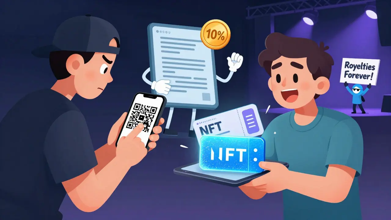 A scalper copying a QR code while another fan receives an NFT ticket with a royalty coin stamped in the air and a smiling artist on stage.
