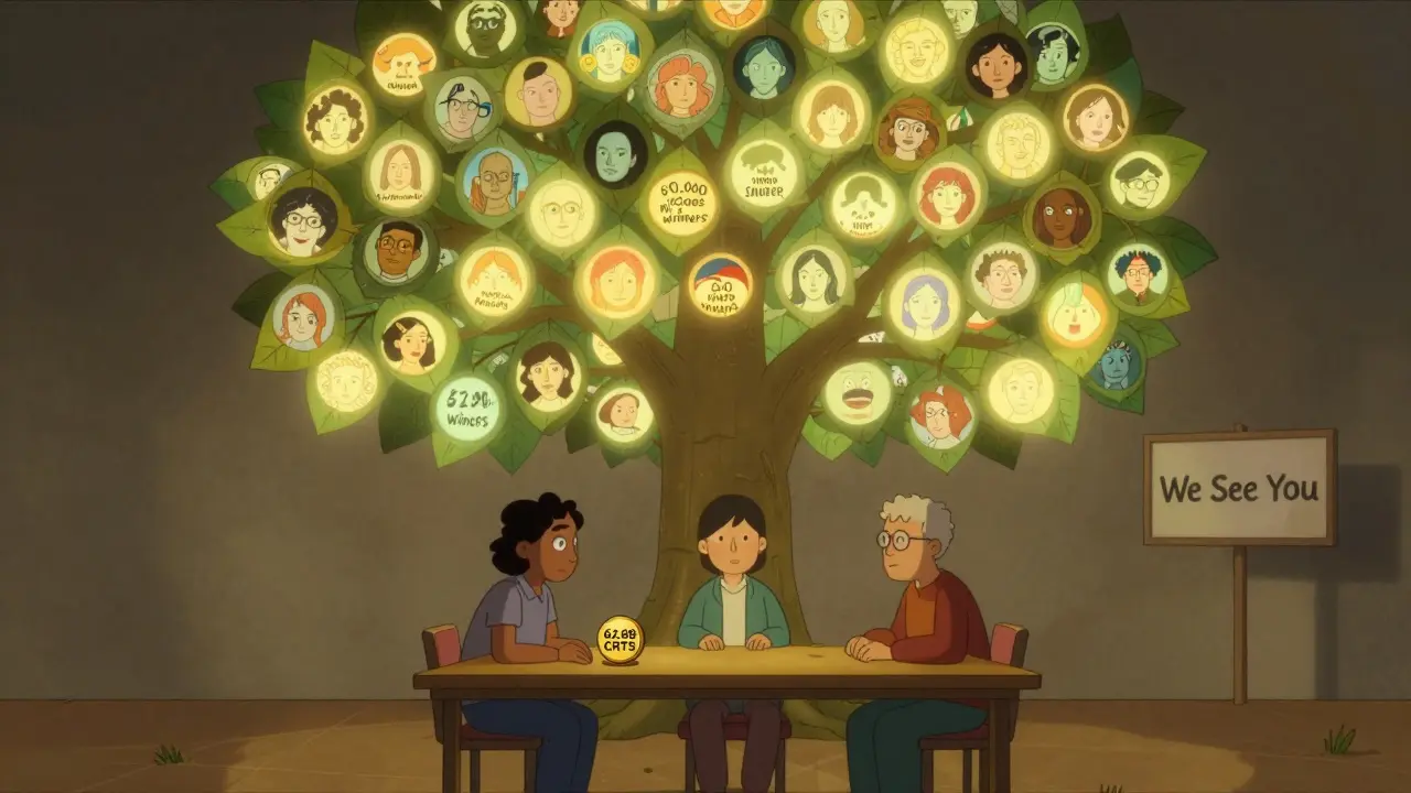 A small team beside a giant tree with 5,000 leaves, each representing a winner, in a calm, human-centered scene.