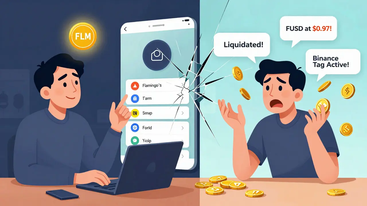 A split scene: a calm DeFi expert on one side, a panicked user on the other, surrounded by alerts about FUSD instability and a Binance tag.