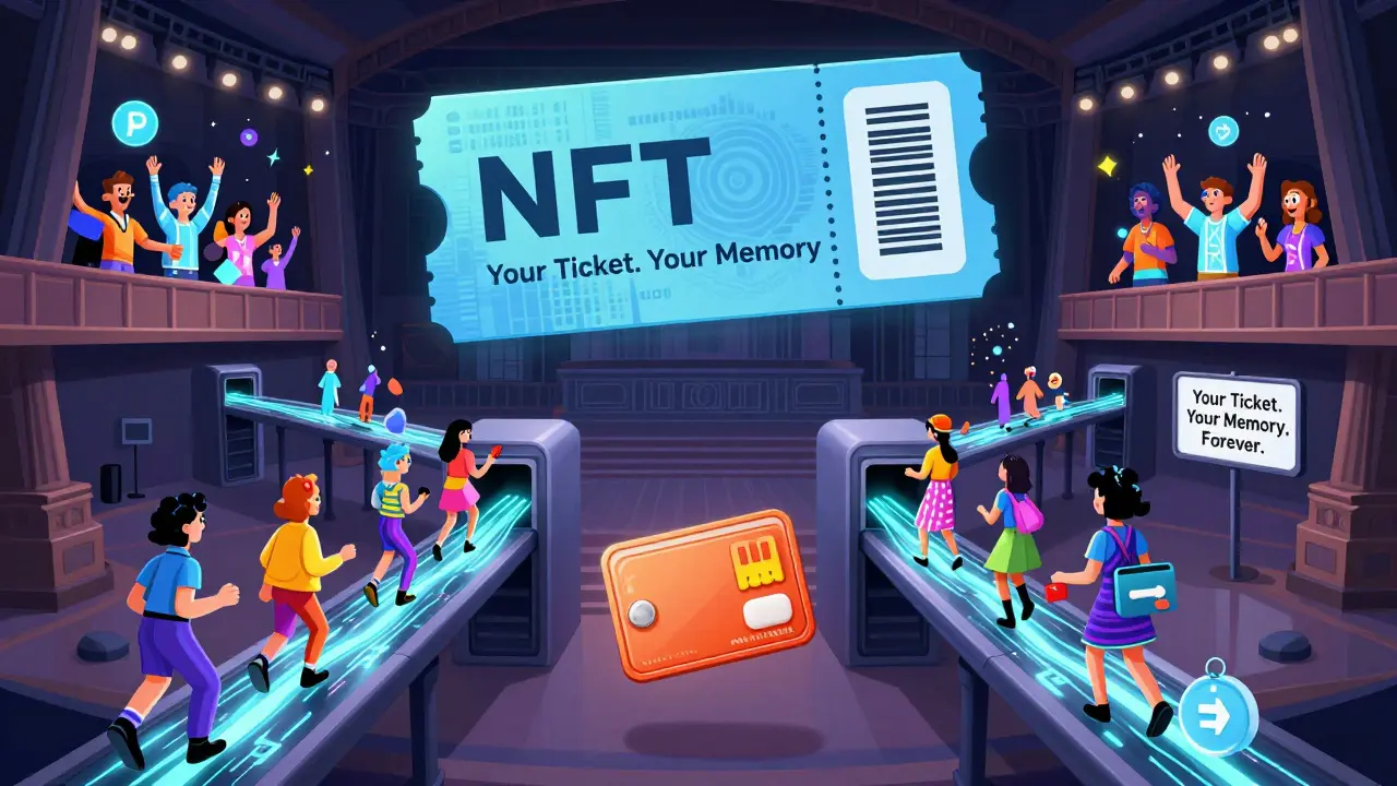 A surreal concert hall with floating ticket gates, cross-chain bridges, and attendees entering via various payment methods as a ticket turns into a holographic concert replay.