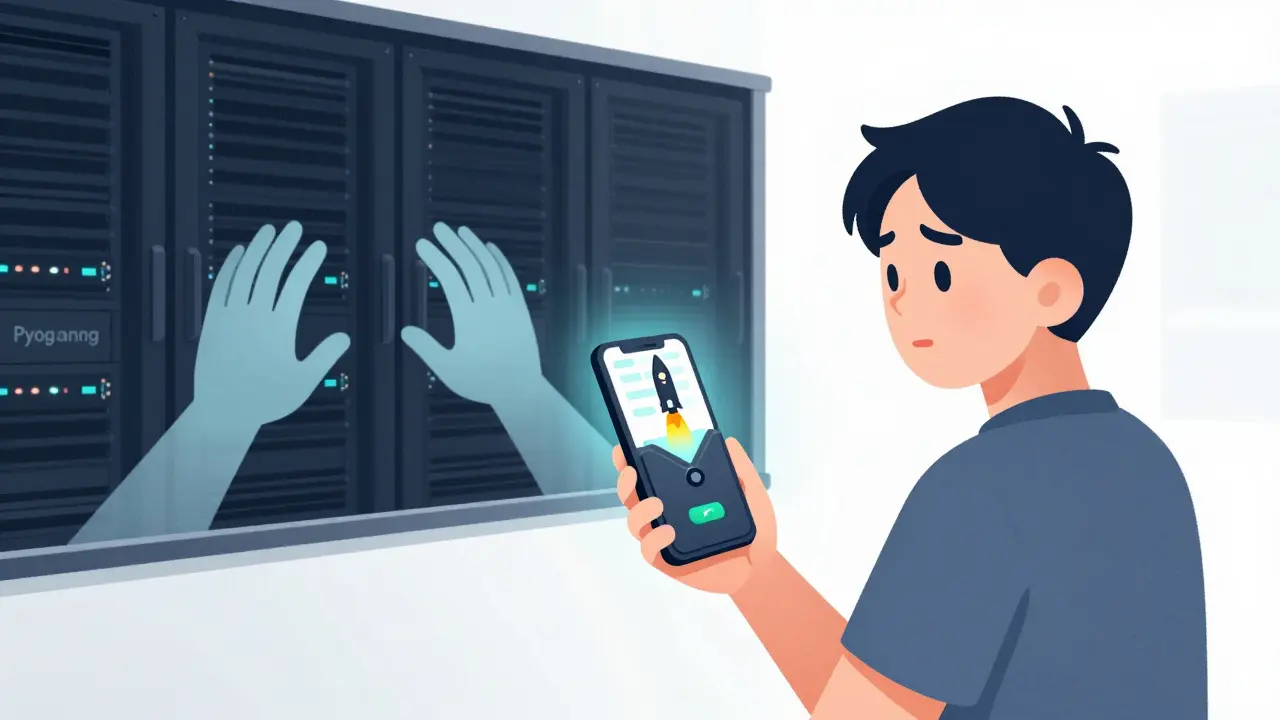 A user freezes mid-approval on a hacked device, while ghostly hands from Pyongyang manipulate the screen, a missile rising from the wallet.