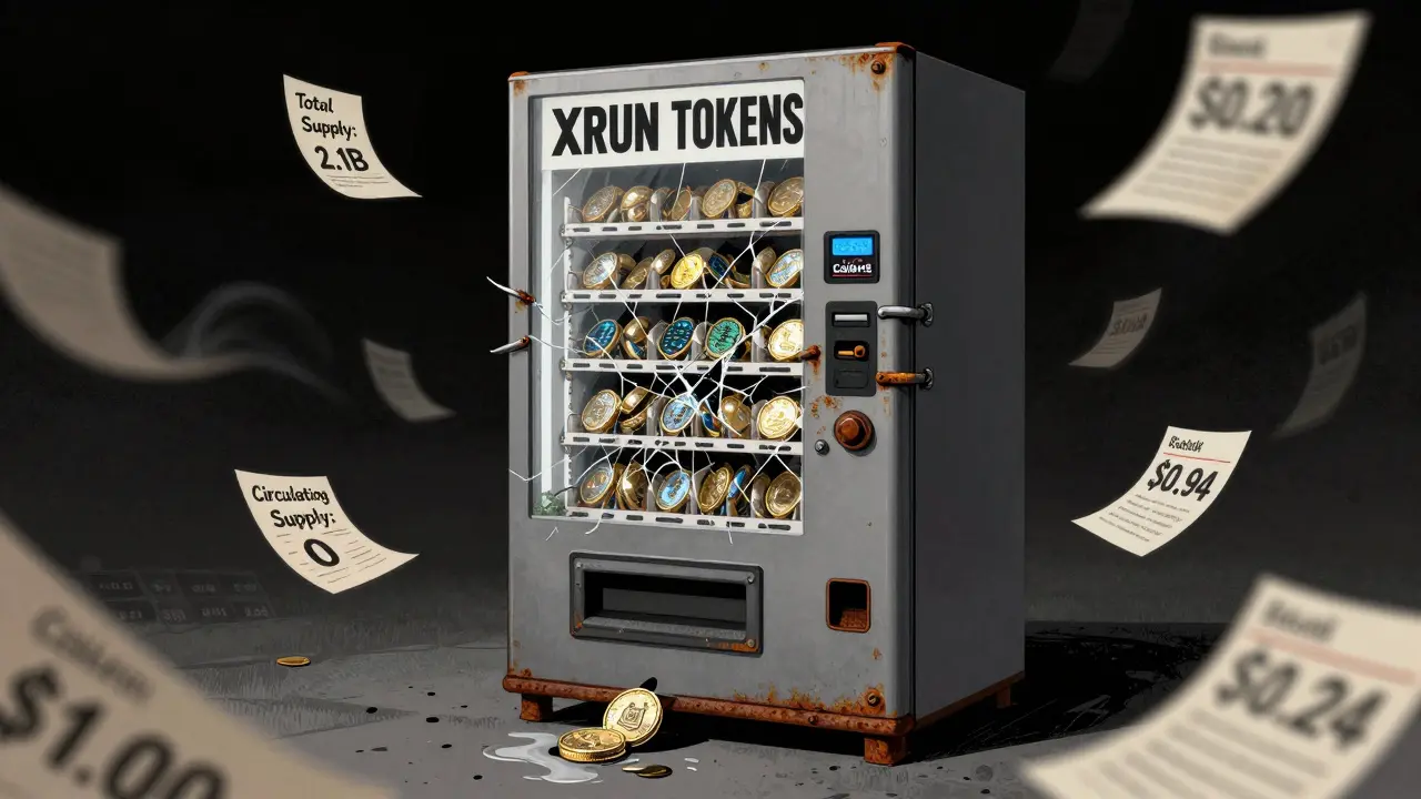 A vending machine filled with crypto tokens is welded shut, surrounded by papers showing conflicting price tags and a zero circulating supply.