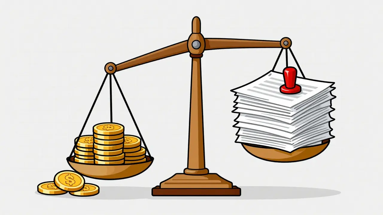 Balance scale weighing coins against paperwork