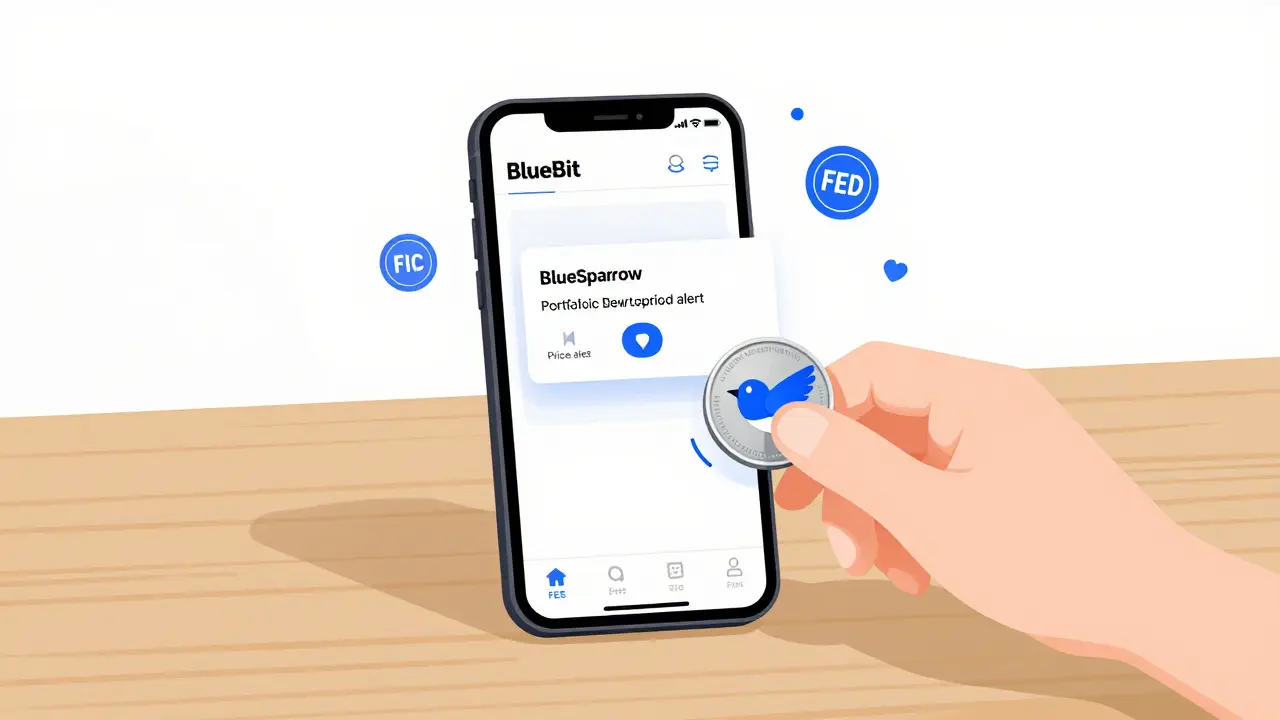 BlueBit Android app showing a clean interface with a BlueSparrow token nearby