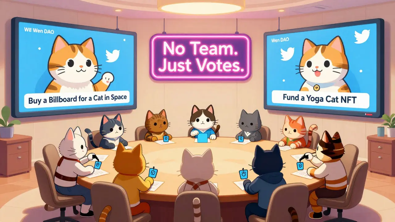 Cats vote in a whimsical DAO meeting, debating meme proposals under a neon sign that reads 'No Team. Just Votes.'