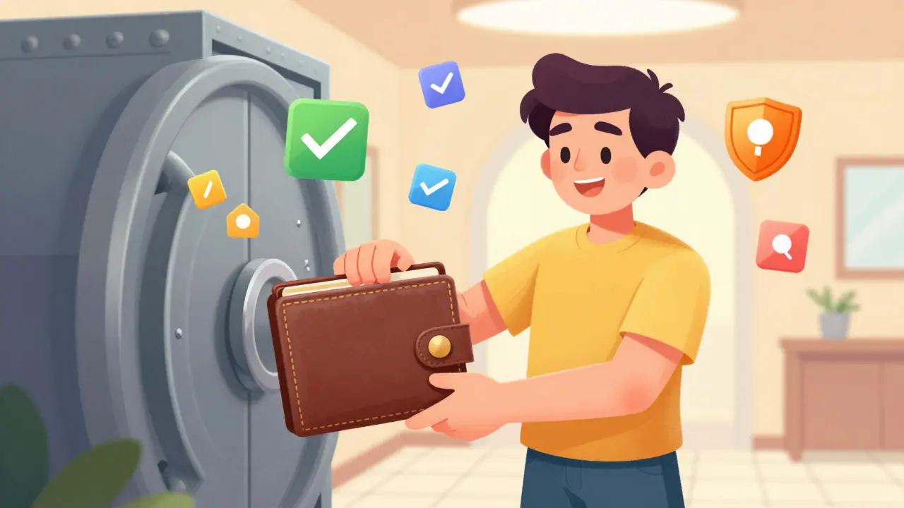 Character placing a secure wallet into a safety deposit box