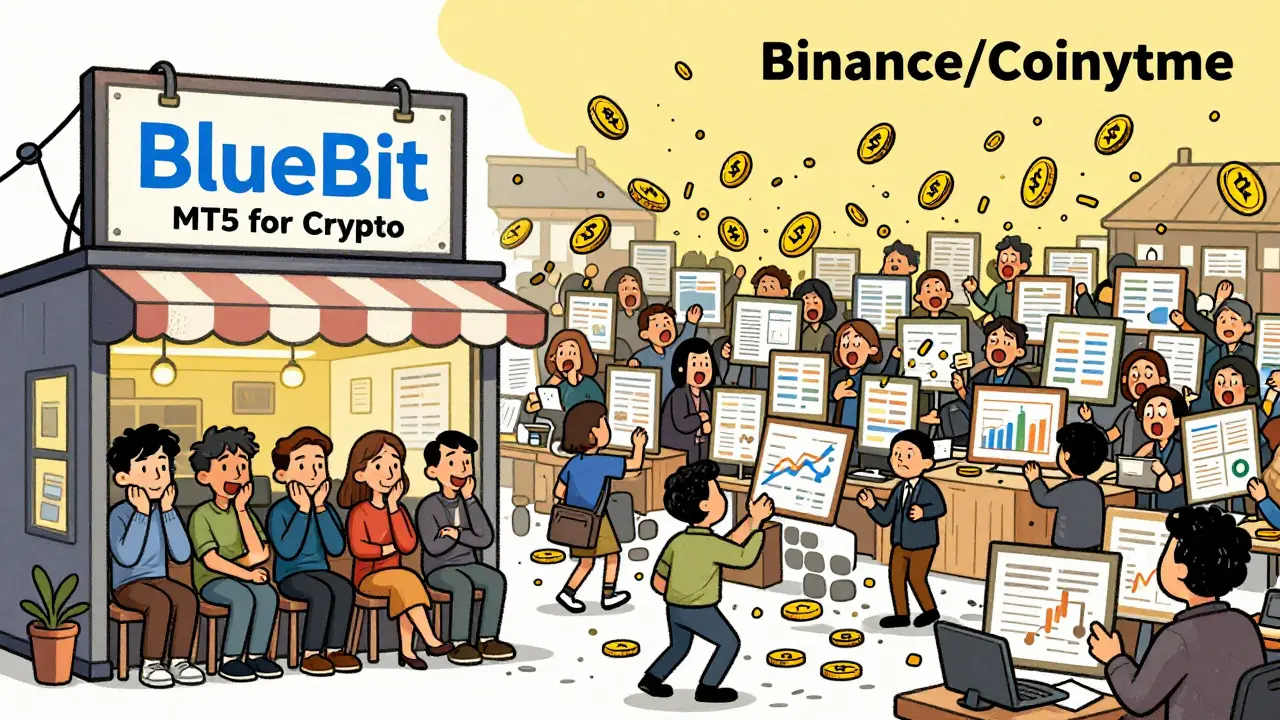 Contrasting small, calm BlueBit shop with chaotic giant crypto exchange bazaar