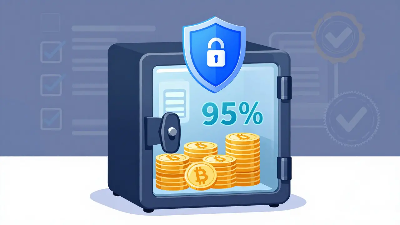 Digital security vault protecting cryptocurrency coins with shield overlay