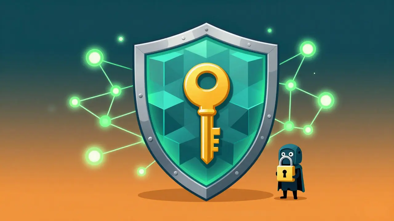 Digital shield protecting a key with glowing network nodes