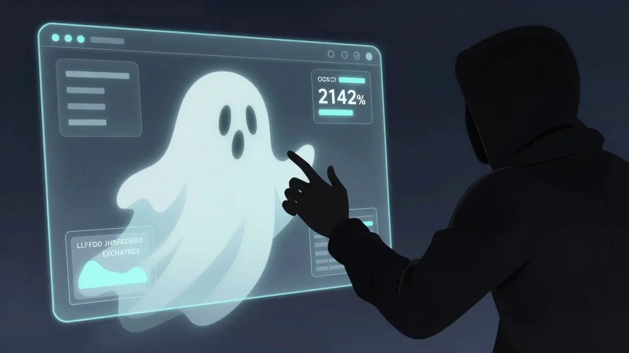 Ghostly crypto interface with empty liquidity pools and a hand passing through nothing.