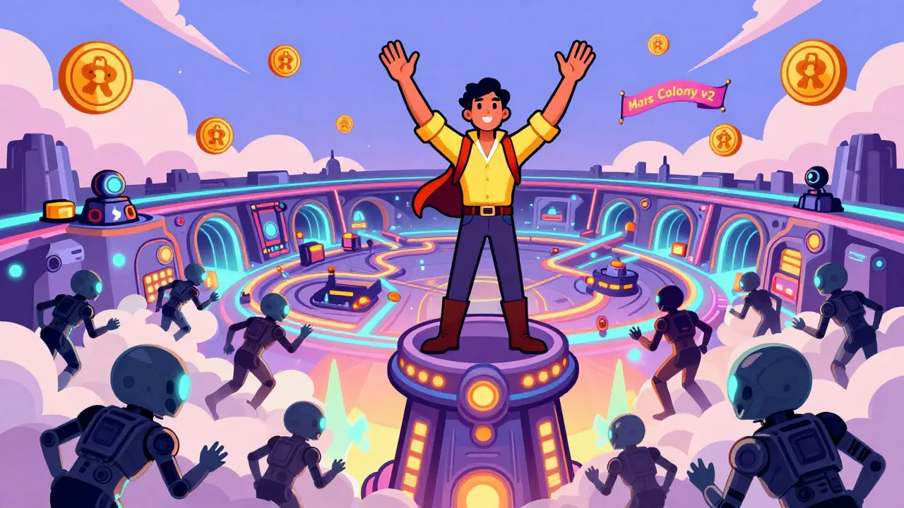 Heroic colony owner atop a Legendary Tower repelling alien invaders, with underground tunnels and SPAY tokens glowing in the sky.