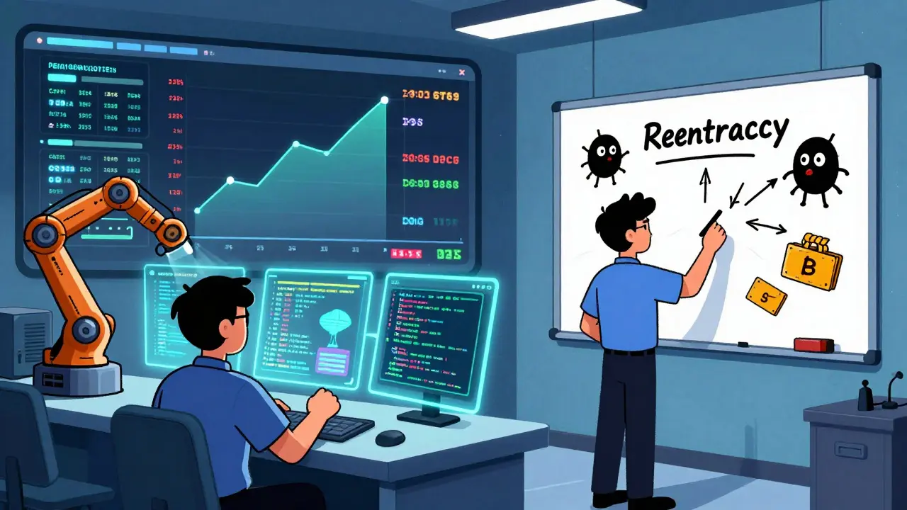 Hybrid security team in control room: robots scan code while human draws bug diagram on whiteboard.