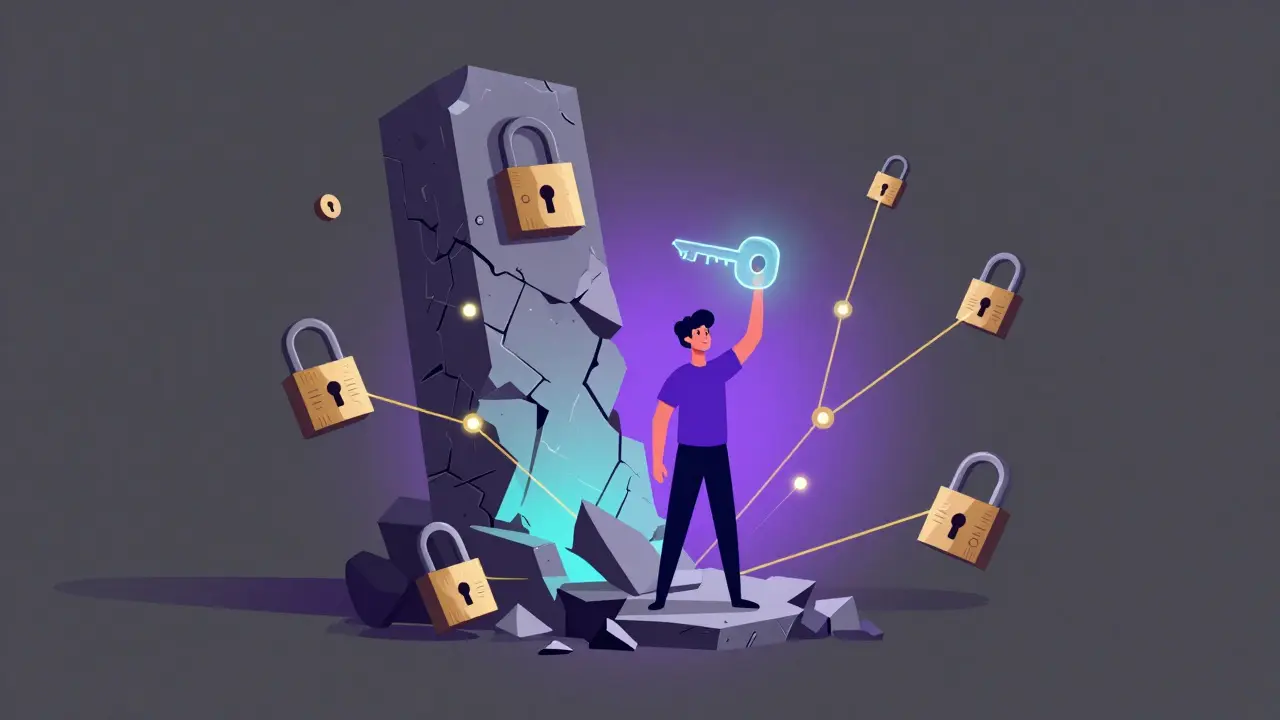 Person navigating floating blockchain nodes amidst breaking structure