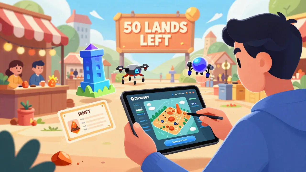 Player connecting wallet to SpaceY 2025 game, surrounded by floating NFT towers and land deeds with '50 LANDS LEFT' sign in background.