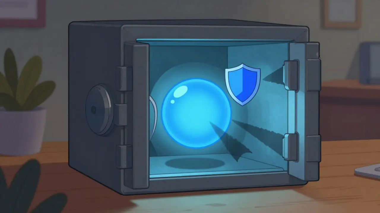 Secure metal safe protecting a glowing digital asset orb