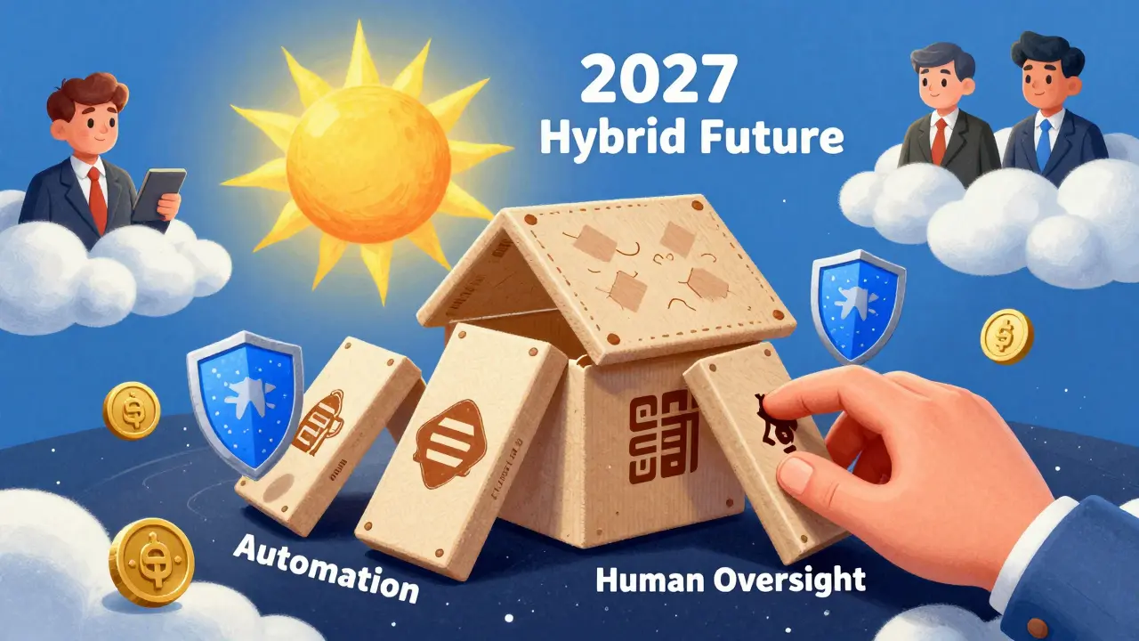 Smart contract as house of cards being protected by automation hand and inspected by human hand under rising '2027 Hybrid Future' sun.
