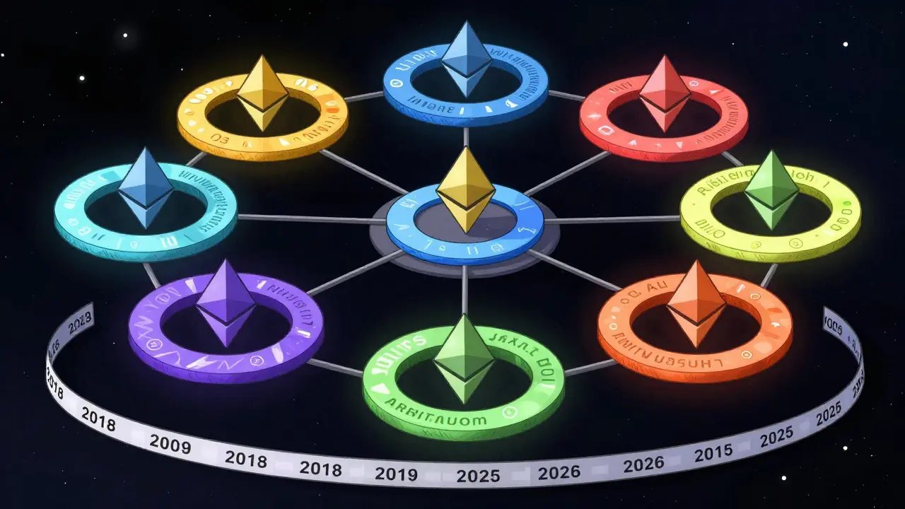 Stylized map of seven blockchain networks linked together centrally