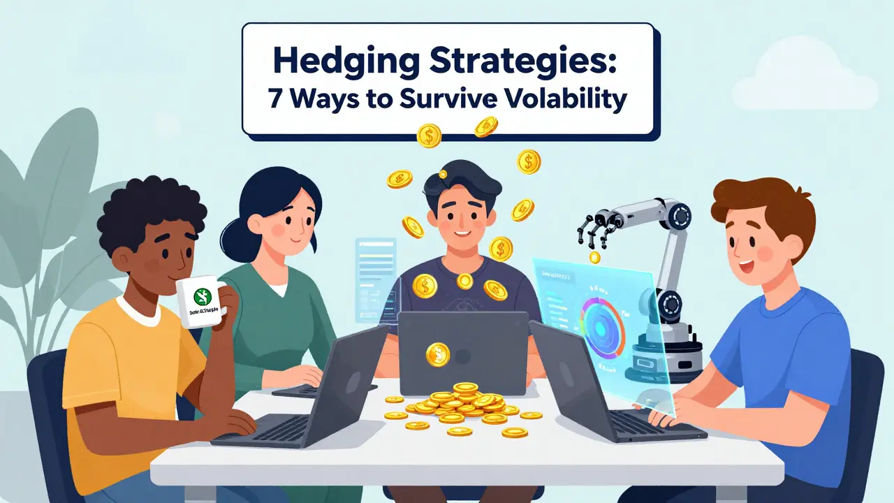 Three DeFi users at a table using different hedging strategies: stablecoins, yield farming, and automated range management.