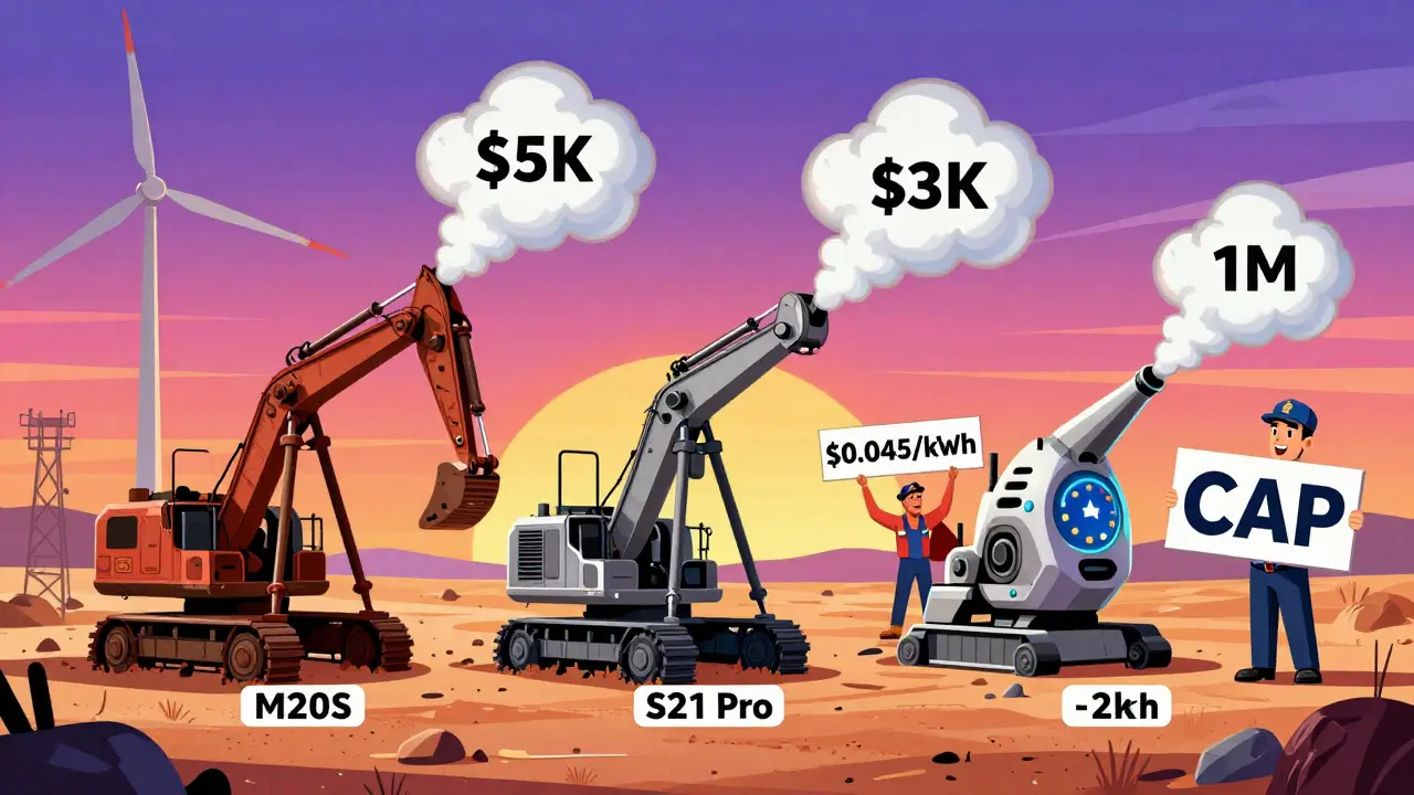 Three mining rigs in a desert with price tags and energy costs, one miner smiling in Texas while a regulator frowns from Europe.