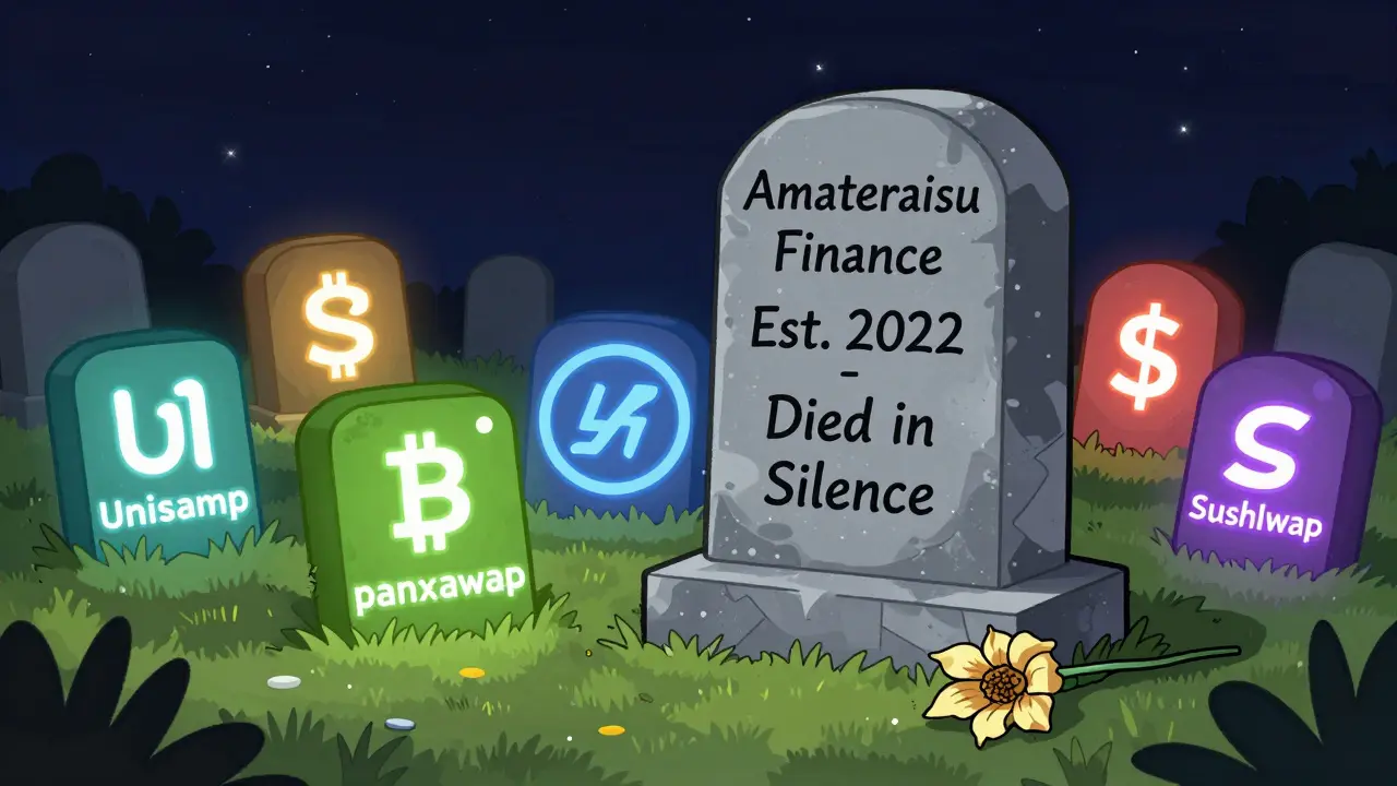 Tombstone for Amaterasu Finance among thriving DEX logos in a dark graveyard.