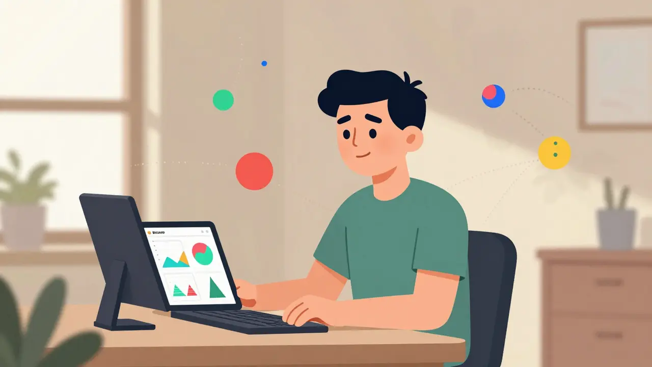 Trader calmly using tablet device in peaceful home office environment