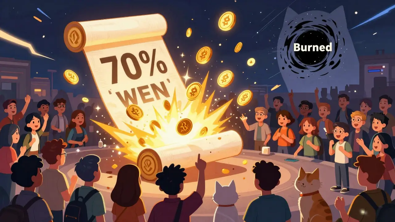 WEN tokens shower down on crypto users while a third vanish into a burn hole, set in a vibrant CalArts-style illustration.