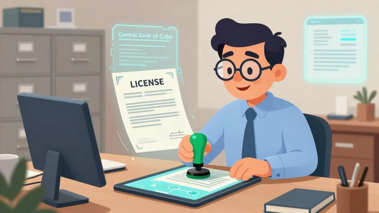 A Central Bank official stamping a cryptocurrency business license in a whimsical office.