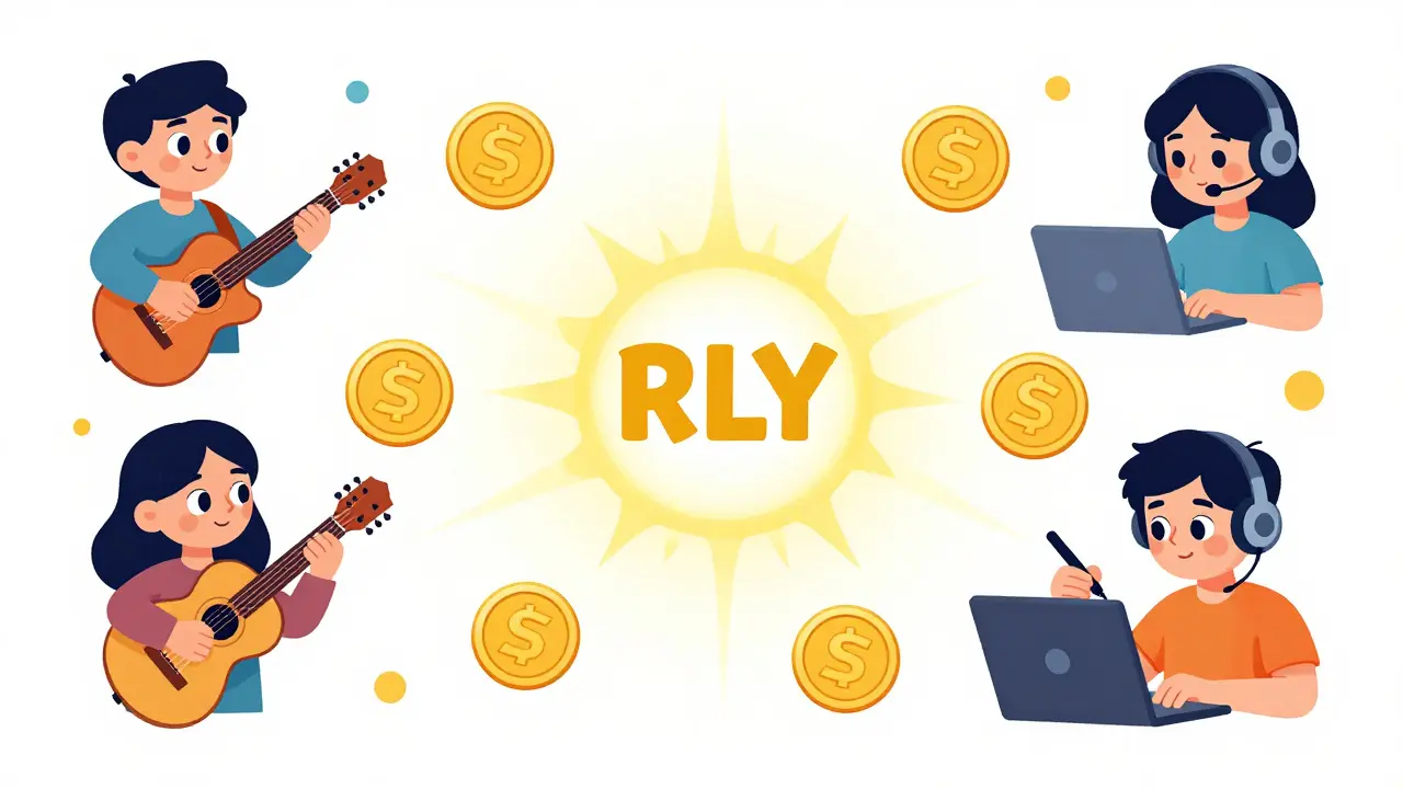 A central RLY token connecting various diverse creators in a colorful, networked ecosystem.