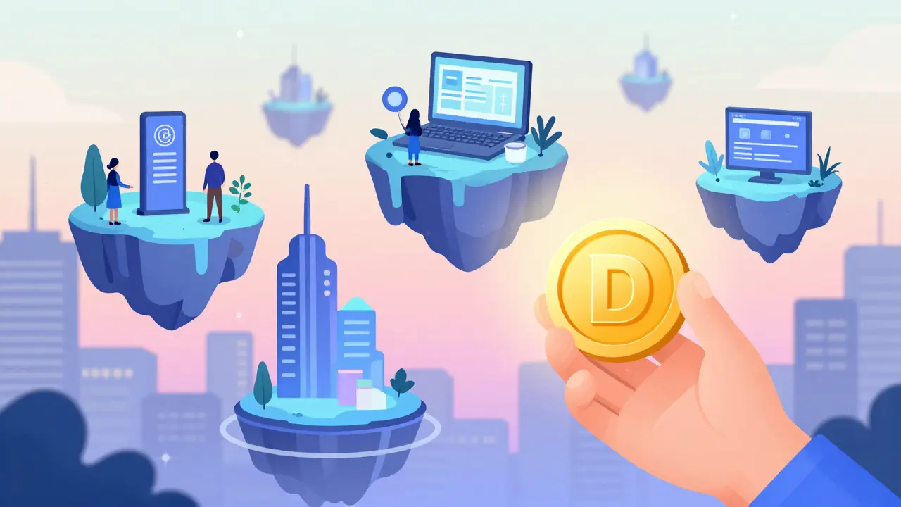 A character using a glowing (D) token to access various digital ecosystem services.