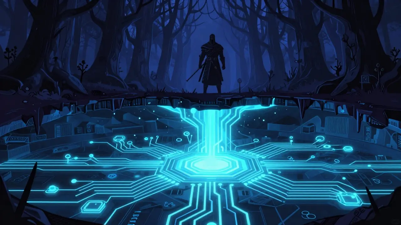 A conceptual view of a gothic forest resting on a glowing blue blockchain network.
