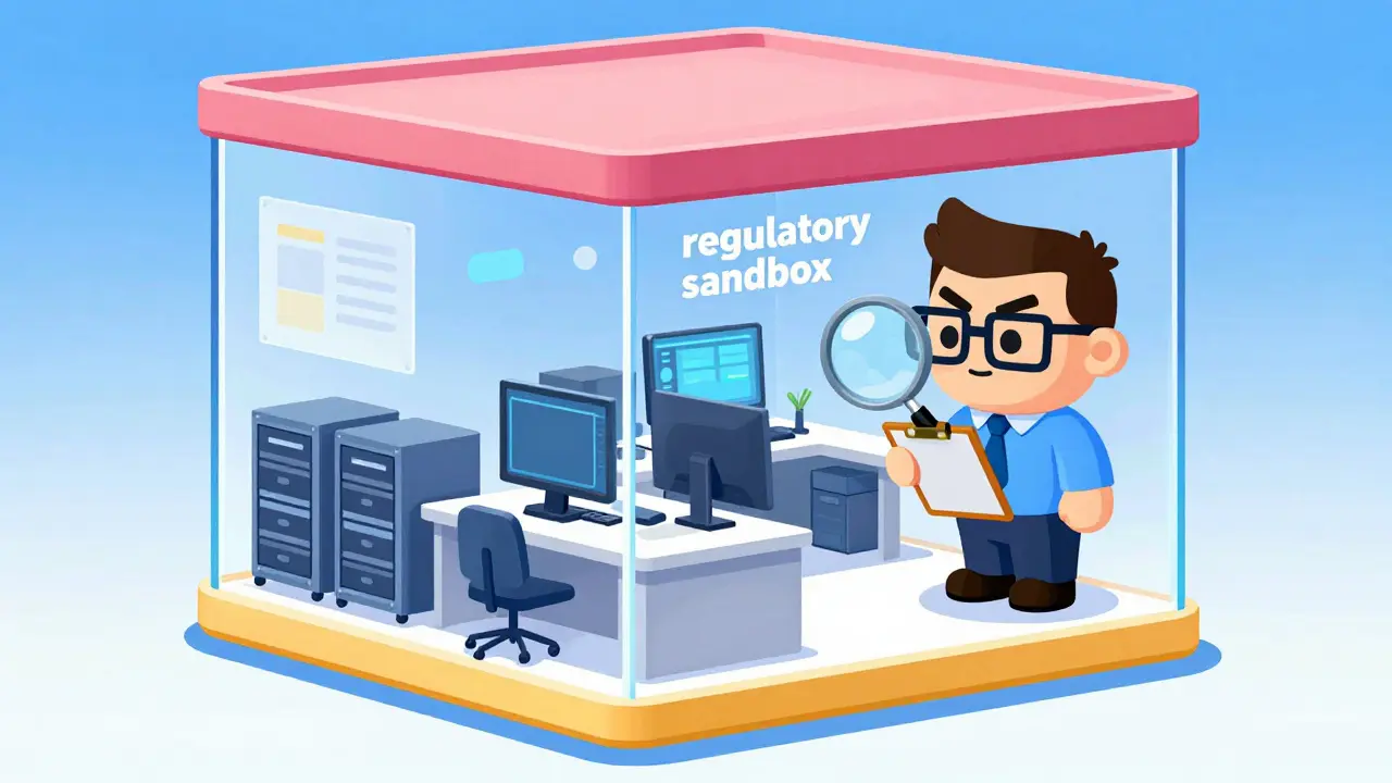 A crypto office inside a glass regulatory sandbox being monitored by an official