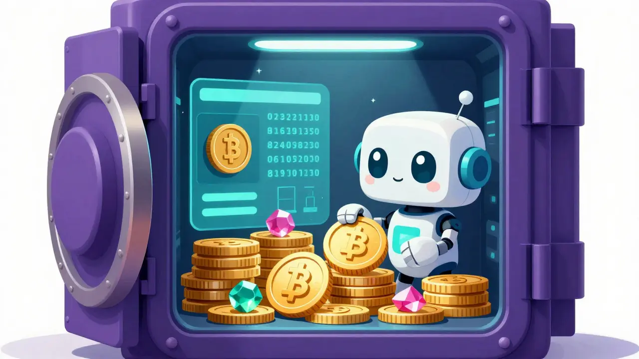 A cute robot in a digital vault with physical assets representing Scrypto programming security.