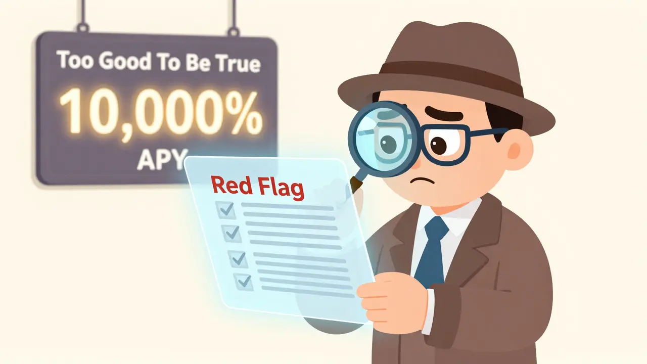 A detective character using a magnifying glass to check crypto red flags on a screen.