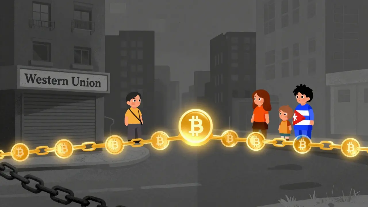 A digital bridge of crypto symbols bypassing a closed remittance office and sanctions.