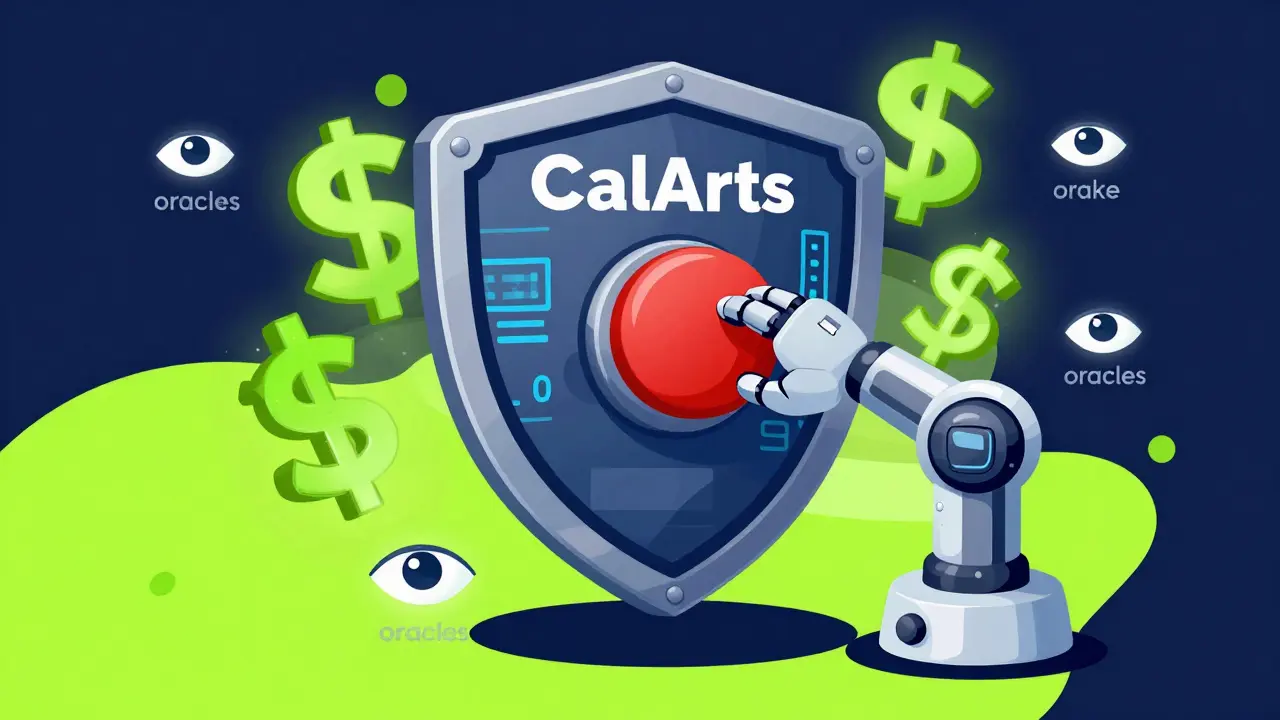 A digital safety shield and robotic arm activating a circuit breaker to protect assets.