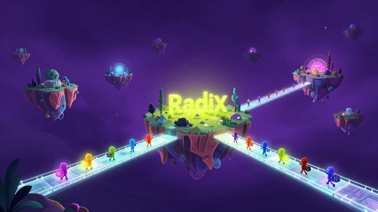 A glowing light bridge connecting floating digital islands in a cosmic purple space.