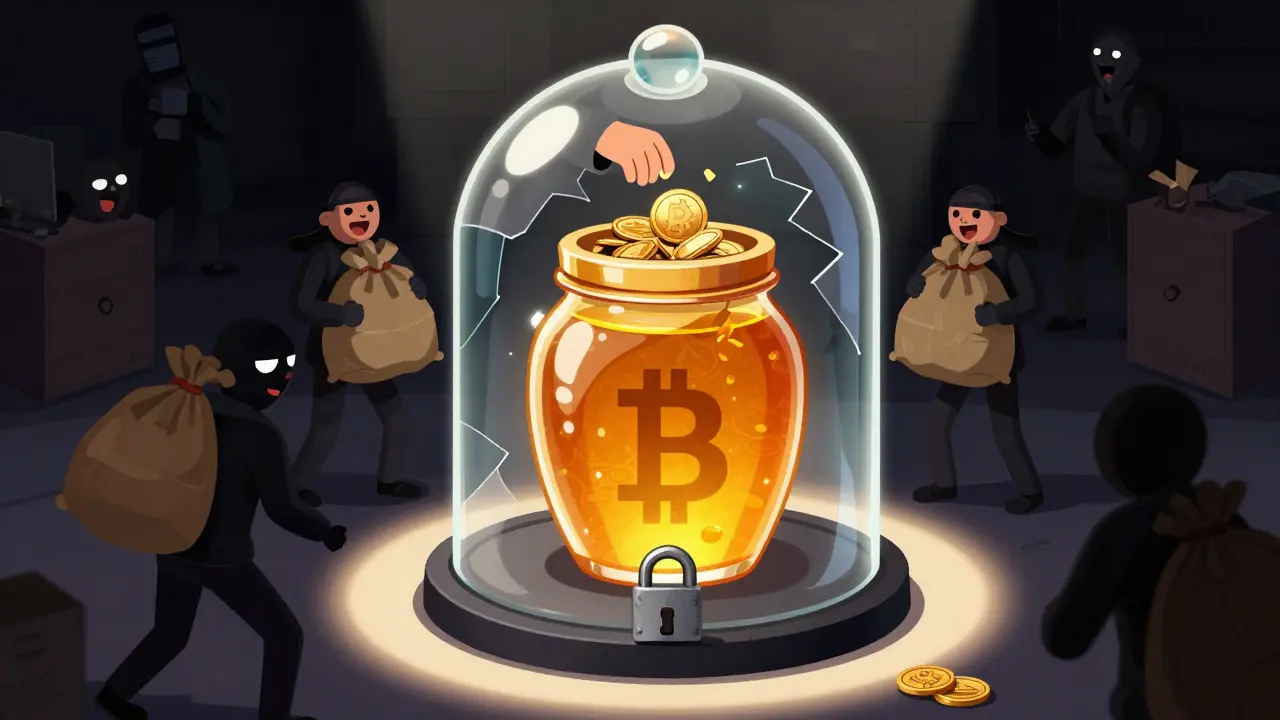 A golden crypto honey jar locked inside a glass dome with scammers stealing gold.