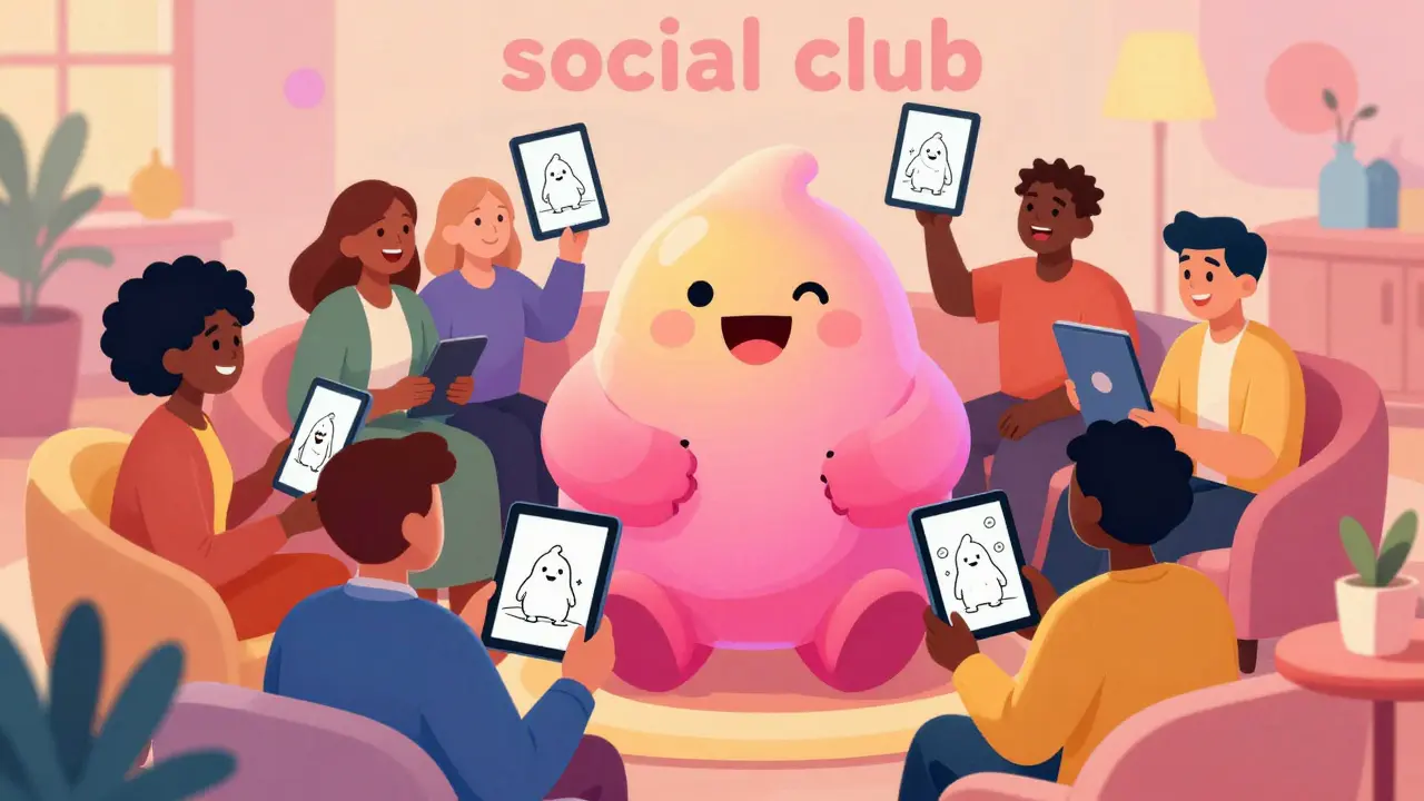 A happy community of people gathering around a giant B.O.B the Blob in a social club.