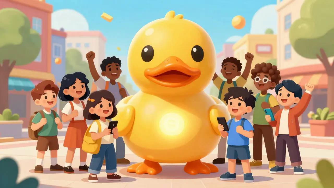 A happy group of diverse people cheering around a large, glowing golden duck statue.